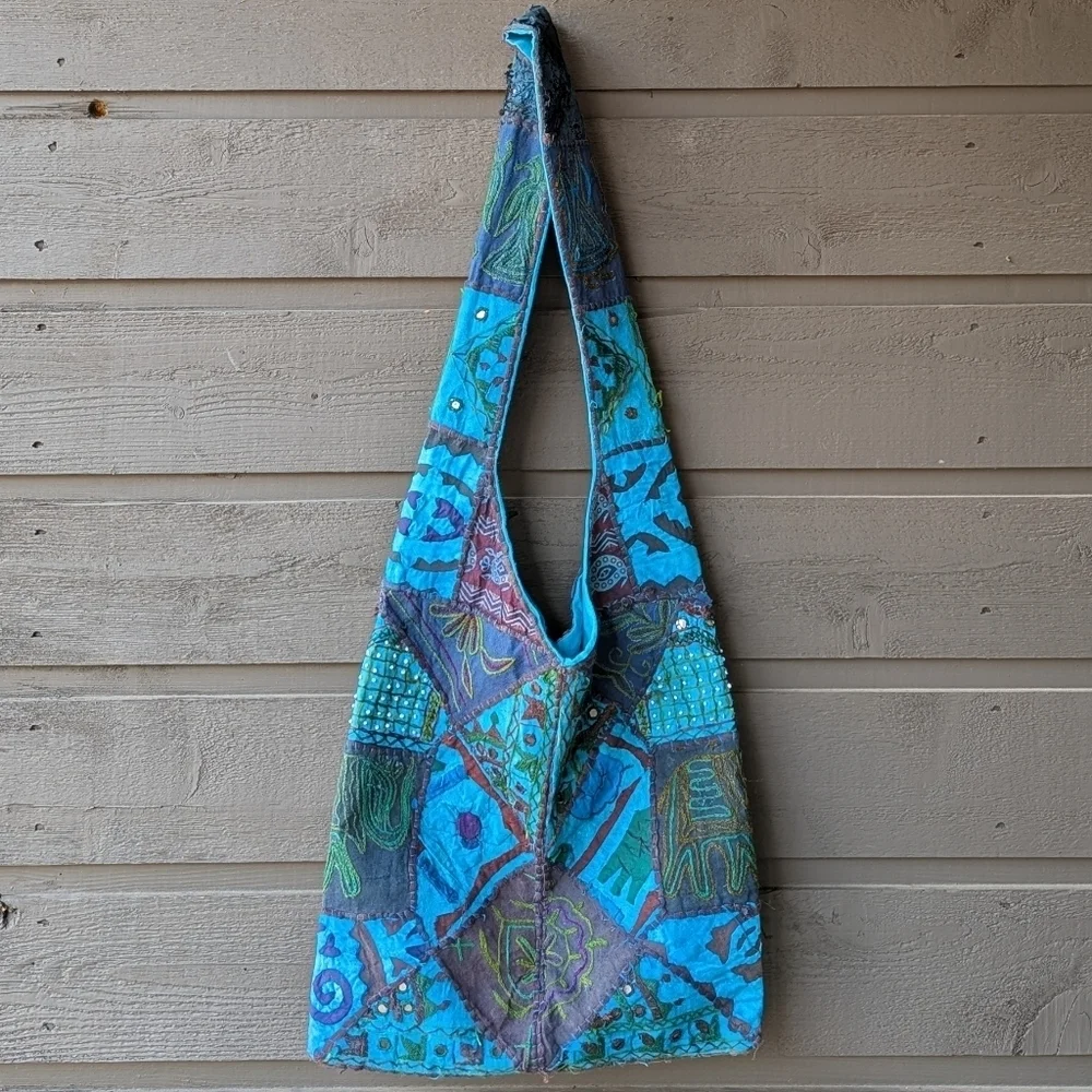 Boho Indian Blue Patchwork Tote Bag 100% Cotton